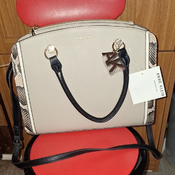 Anne Klein Handbags - Anne Klein Taupe and Black Satchel with Snakeskin Accents